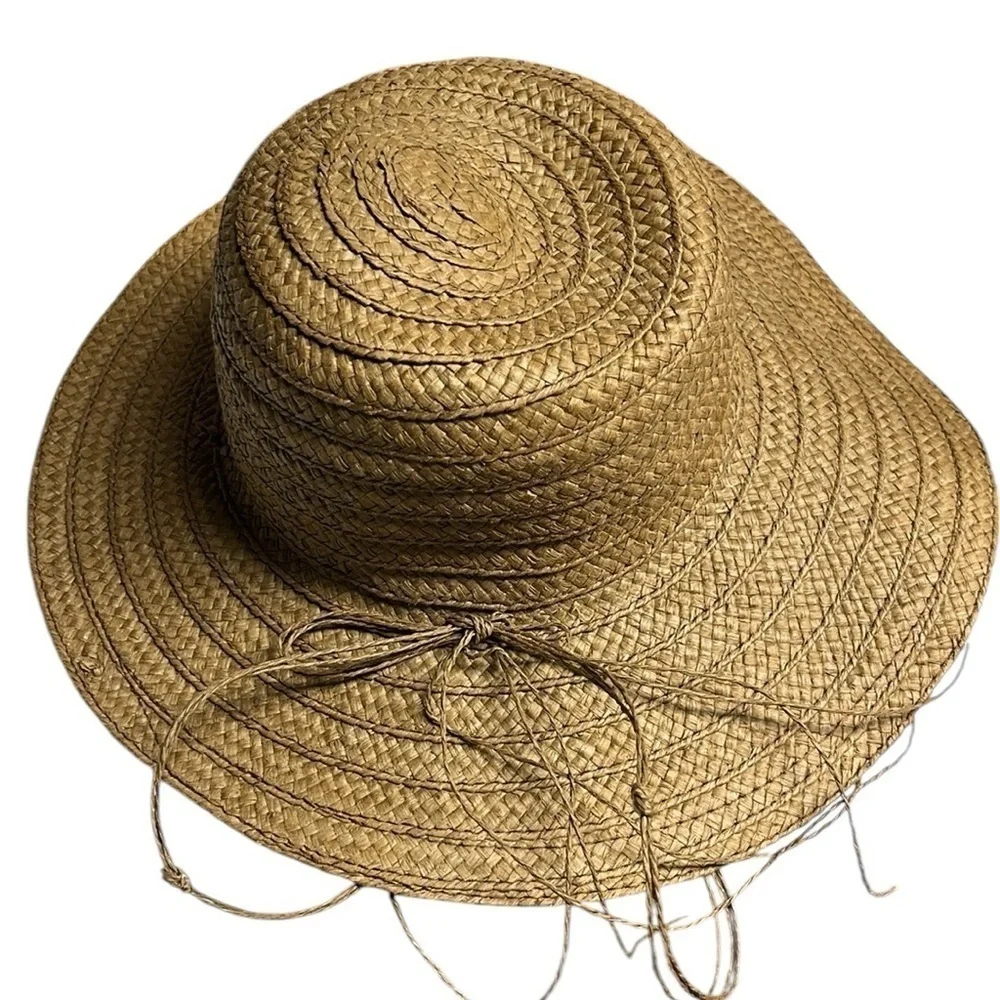 Brown Straw Wide Brim Floppy Hat Boho Beach Sun Hat OS